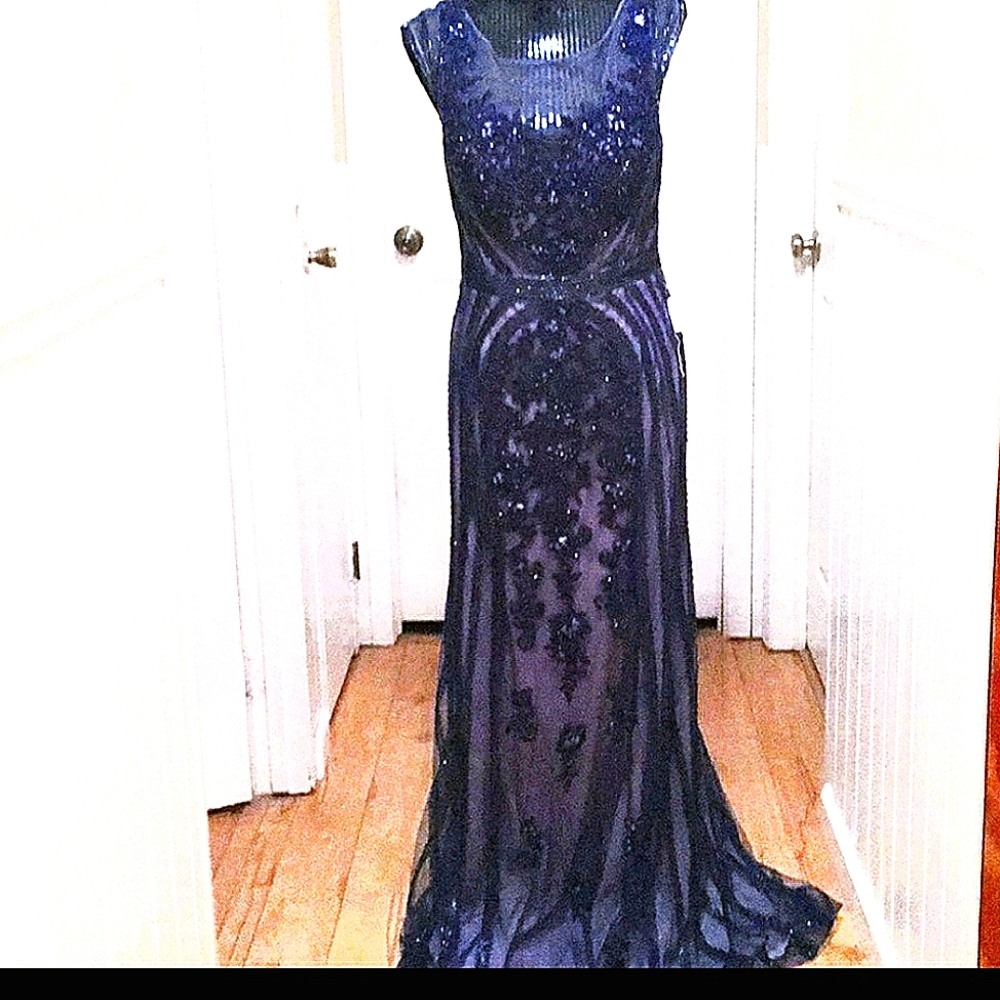 Navy liquid beading pageant prom wedding dress 14